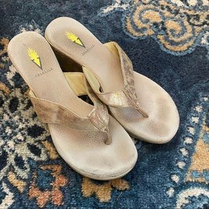 Gold Volatile Heeled Flip Flops